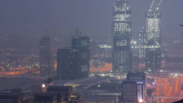 Luchtfoto Van Verlichte Wolkenkrabbers Met World Trade Center Dubai Nacht — Stockfoto