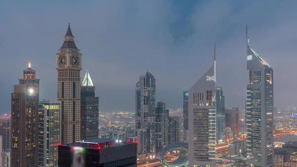 Skyskrapor Sheikh Zayed Road Och Difc Dag Till Natt Övergång — Stockfoto