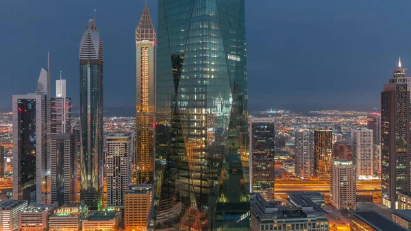 Financial Center Dubai City Illuminated Luxury Skyscrapers Night Day Transition — Stock Photo, Image