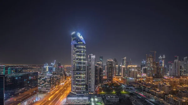 Панорама Показує Бізнес Бухту Дубая Центральні Вежі Старовинним Повітряним Нічним — стокове фото