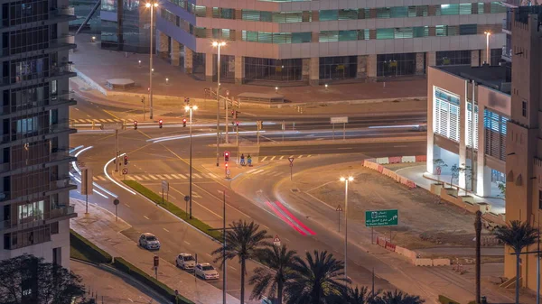 Aerial View Intersection Many Transports Traffic Parking Night Timelapse Dubai — Stock Photo, Image