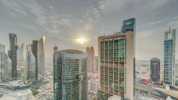 Sonnenuntergang Über Den Wolkenkratzern Des Internationalen Finanzzentrums Dubai Zeitraffer Panoramablick — Stockfoto