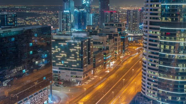 Dubai Edificios Oficinas Bahía Negocios Noche Aérea Timelapse Con Tráfico —  Fotos de Stock