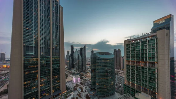 Dubai International Financial Center Skyscrapers Aerial Day Night Transition Timelapse — Stock Photo, Image