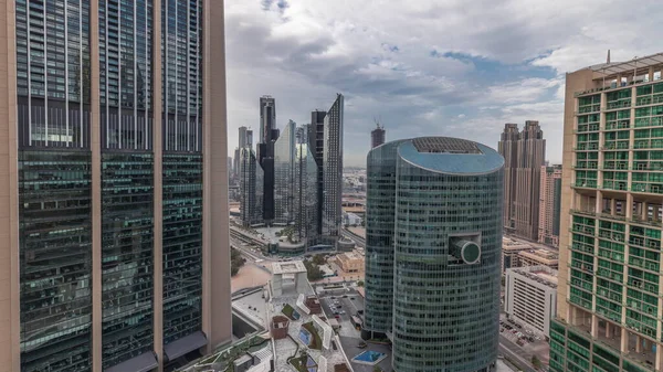 Panorama Showing Dubai International Financial Center Skyscrapers Promenade Gate Avenue — Stock Photo, Image