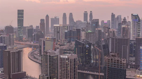 Skyline Modern Építészet Dubai Üzleti Öböl Tornyok Nap Mint Nap — Stock Fotó
