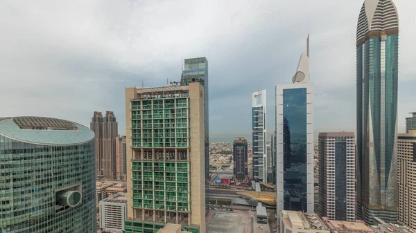 Панорама Показує Міжнародний Фінансовий Центр Дубаї Хмарочоси Променадою Проспекті Проспекту — стокове фото