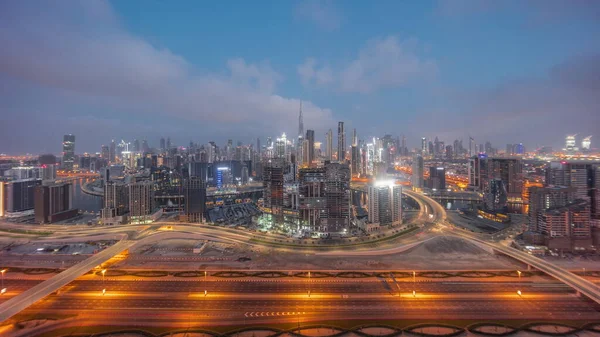 Panoramatické Panorama Dubaje Obchodní Zátoce Centra Okresu Noc Den Přechodu — Stock fotografie