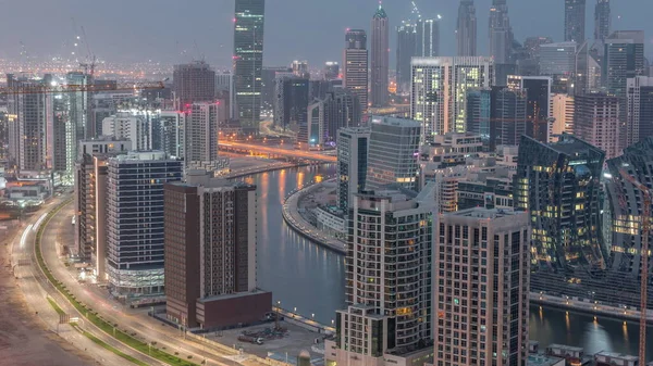 Skyline Nowoczesną Architekturą Dubaju Business Bay Oświetlone Wieże Noc Dnia — Zdjęcie stockowe