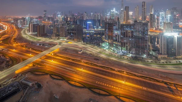 Panorama Skyline Von Dubai Mit Businessbucht Und Downtown District Nacht — Stockfoto