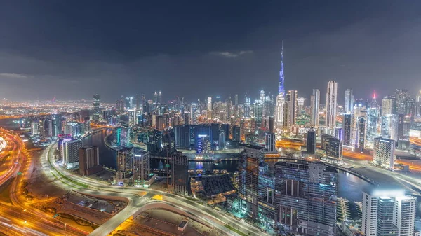 Dubai Nin Panoramik Silueti Hanı Kanalı Şehir Merkezi Zaman Çizelgesi — Stok fotoğraf