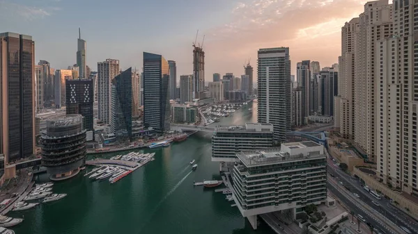Aerial View Dubai Marina Skyscrapers Jbr Towers Canal Floating Boats — Stock Photo, Image