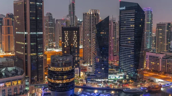 Dubai Marina Skyline Jlt District Skyscrapers Background Aerial Night Day — Stock Photo, Image