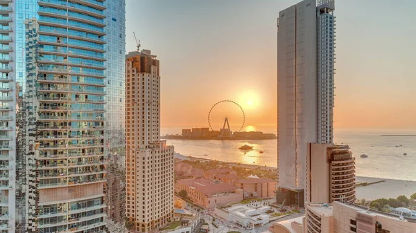 Vista Del Atardecer Zona Dubai Marina Jbr Famoso Timelapse Aéreo —  Fotos de Stock
