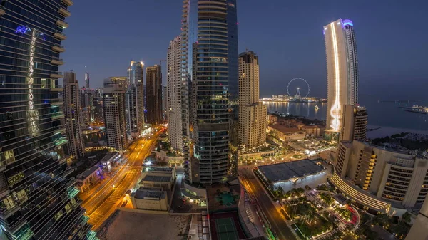 Panorama Dubai Marina Obszaru Jbr Słynnego Ferris Wheel Anteny Noc — Zdjęcie stockowe