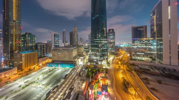 Dubai International Financial District Noc Dnia Przejściowego Timelapse Panoramiczny Widok — Zdjęcie stockowe