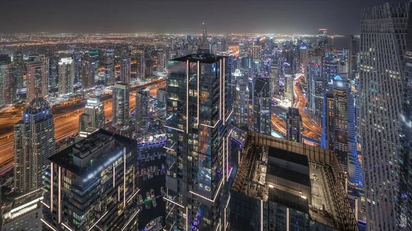 Panorama Visar Dubai Marina Med Jlt Och Jbr Distrikt Trafik — Stockfoto