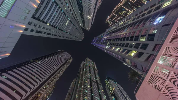Look Night Sky Tallest Skyscrapers Illuminated Windows Wide Angle Perspective — Stock Photo, Image