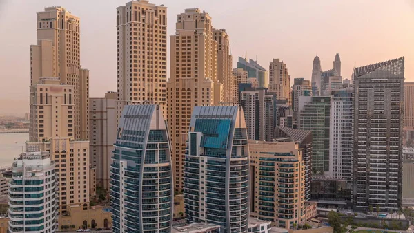 Dubai Marina Skyscrapers Jbr District Luxury Buildings Resorts Aerial Timelapse — Stock Photo, Image