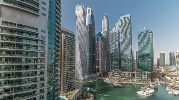 Panorama Mostrando Dubai Marina Rascacielos Más Altos Yates Timelapse Aéreo —  Fotos de Stock