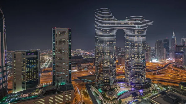 Panorama Mostrando Futurista Dubai Downtown Distrito Financeiro Horizonte Aéreo Noite — Fotografia de Stock