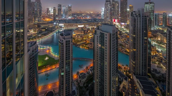 Dubai Innenstadt Mit Springbrunnen Und Moderner Futuristischer Architektur Antenne Nacht — Stockfoto