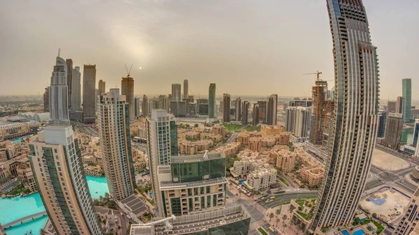 Panorama Lotnicza Wschodem Słońca Nad Wielkim Futurystycznym Miastem Timelapse Dubaj — Zdjęcie stockowe