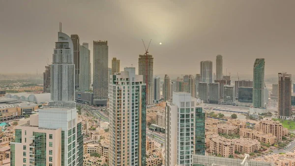Aerial Panoramic Sunrise Big Futuristic City Timelapse Business Bay Downtown — Stock Photo, Image