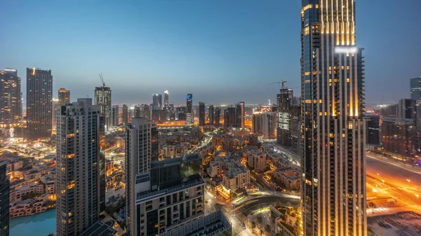 Luchtfoto Panoramisch Uitzicht Een Grote Futuristische Stad Nacht Tot Dag — Stockfoto