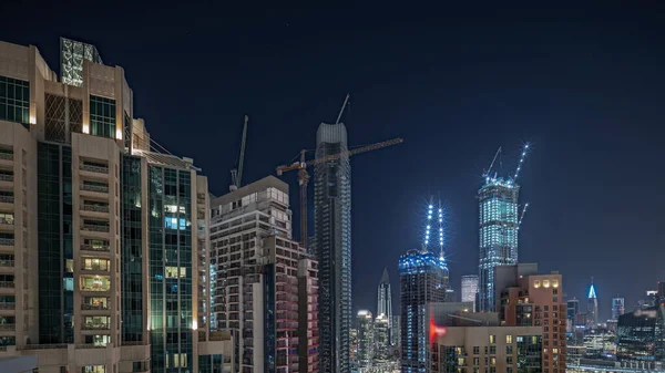 Панорама Показує Повітряний Цитапсис Вночі Освітленою Архітектурою Дубая Центрі Міста — стокове фото