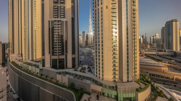 Napkelte Után Legmagasabb Felhőkarcolók Dubai Belvárosában Bouleward Utcában Közel Bevásárlóközpont — Stock Fotó