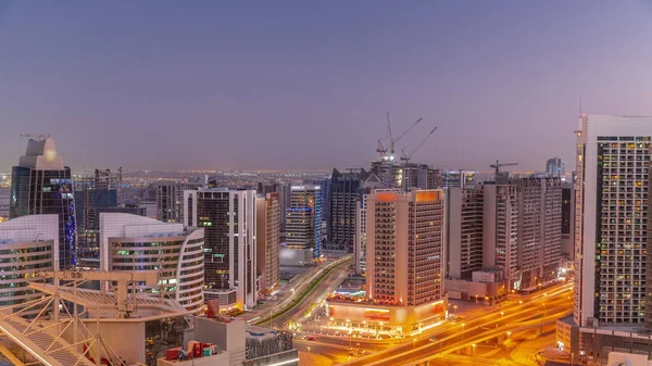 Skyscrapers Business Bay Dubai Aerial Day Night Transition Timelapse Road — Stock Photo, Image