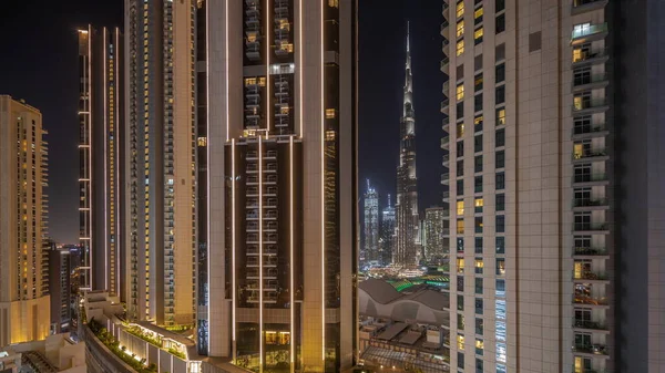 Panoráma Mutatja Legmagasabb Felhőkarcolók Során Föld Óra Belvárosában Dubai Található — Stock Fotó