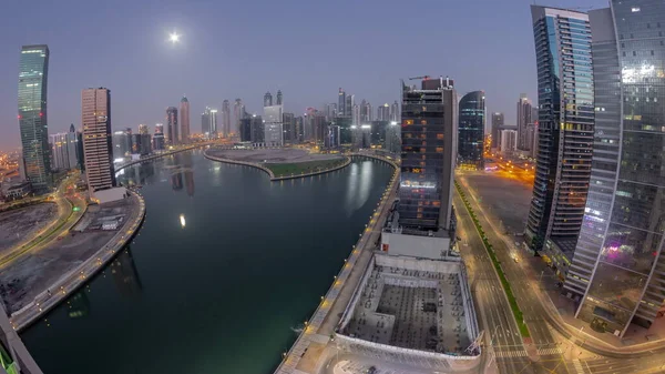 Cityscape Панорама Небоскребов Dubai Business Bay Водяным Каналом Антенны Ночь — стоковое фото