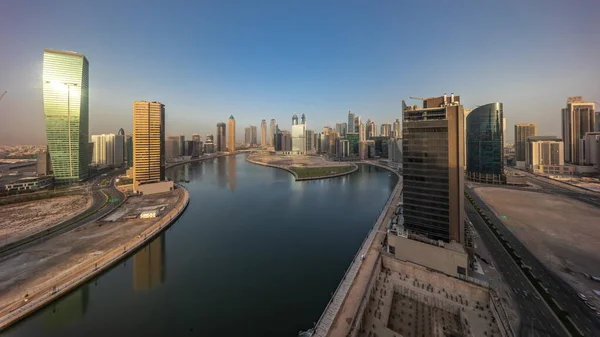 Cityscape Panorama Skyscrapers Dubai Business Bay Water Canal Aerial Timelapse — Stock Photo, Image