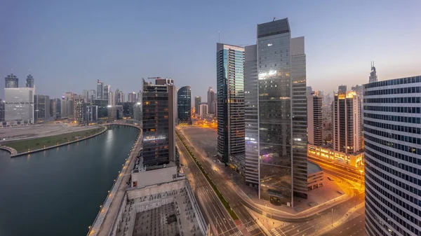 Városkép Felhőkarcolók Dubai Business Bay Vízcsatorna Légi Éjjel Nappal Átmeneti — Stock Fotó