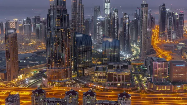 Aerial View Tallest Towers Dubai Downtown Skyline Night Day Transition — Stock Photo, Image