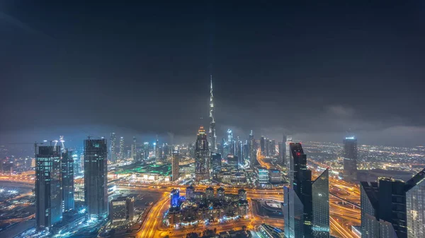 Aerial Panorama Tallest Towers Dubai Downtown Skyline Highway All Night — Stock Photo, Image