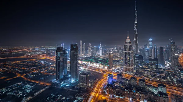 Panorama Showing Aerial View Tallest Towers Dubai Downtown Skyline Highway — Stock Photo, Image