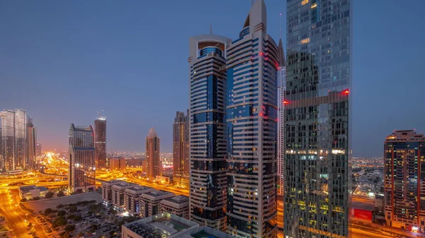 Повітряний Вид Міжнародного Фінансового Району Дубай Багатьма Хмарочосами Від Ночі — стокове фото