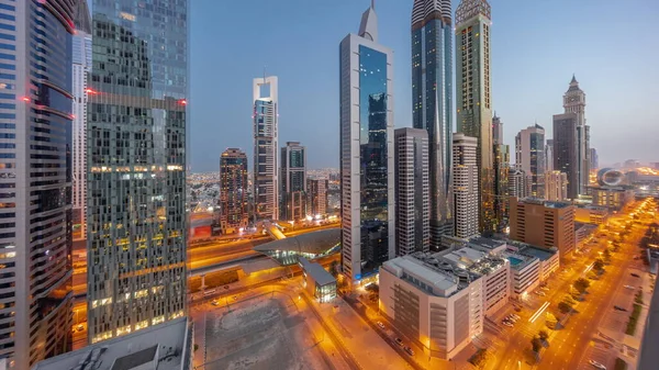 Letecké Panorama Dubajského Mezinárodního Finančního Okrsku Mnoha Mrakodrapy Noc Den — Stock fotografie
