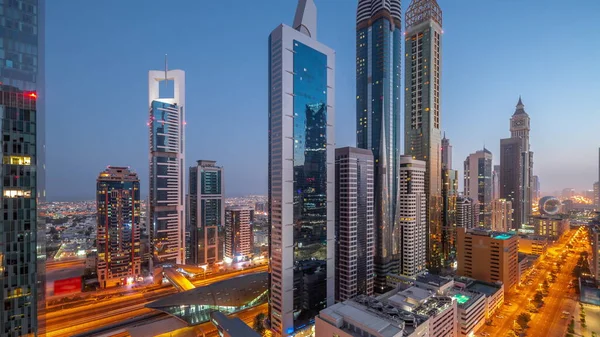 Légi Kilátás Dubai Nemzetközi Pénzügyi Körzet Sok Felhőkarcolók Éjjel Nappal — Stock Fotó