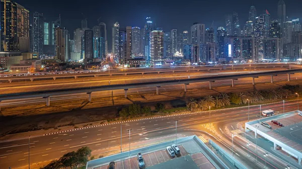 Panorama Toont Dubai Jachthaven Hoogste Blok Wolkenkrabbers Nacht Timelapse Luchtfoto — Stockfoto