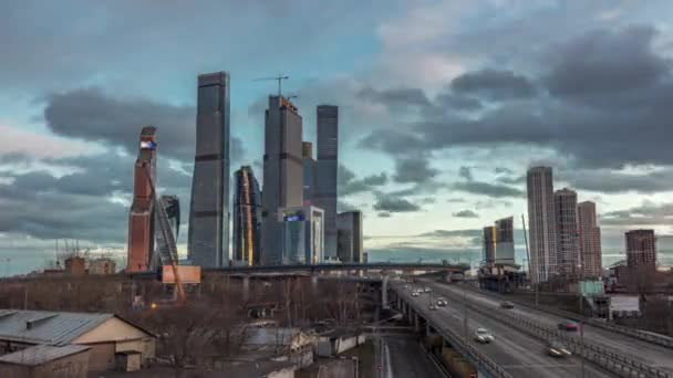 Moskou City Business Center Wolkenkrabbers Kantoorgebouwen Luxe Appartementen Dag Tot — Stockvideo
