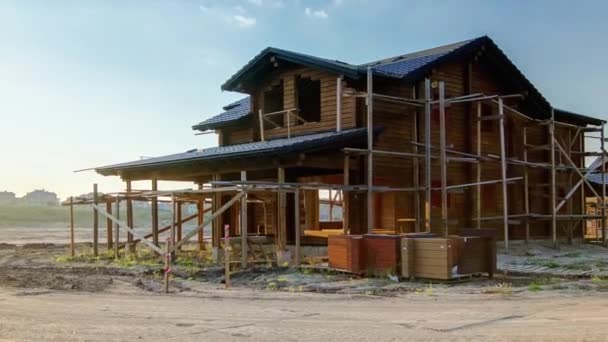 Wooden House Cottage Construction Timelapse Sunset New Cottage Village Blue — Stock Video
