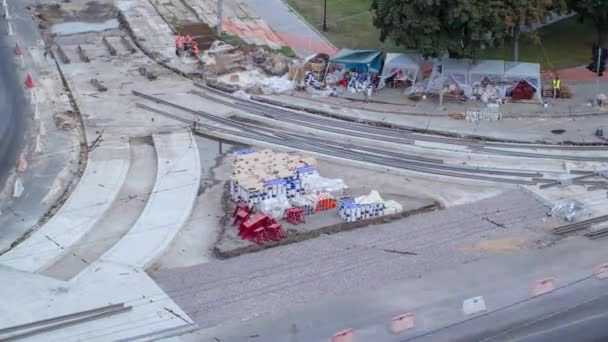 Road Construction Site Tram Tracks Repair Maintenance Aerial Timelapse Building — Stock Video