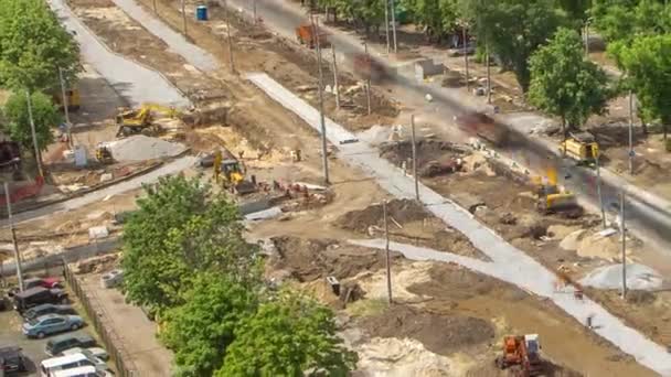 Duży Plac Budowy Dróg Przemysłowe Ładowarki Ciężarówek Koparki Buldożer Ruchu — Wideo stockowe