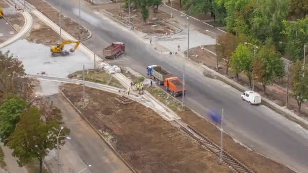 Vista Aérea Panorámica Carretera Gran Construcción Timelapse Sitio Bulldozer Excavadora — Vídeo de stock