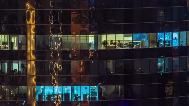 Office Windows Glazed Skyscraper Glow Night City Lights Reflection Aerial — Stock Video