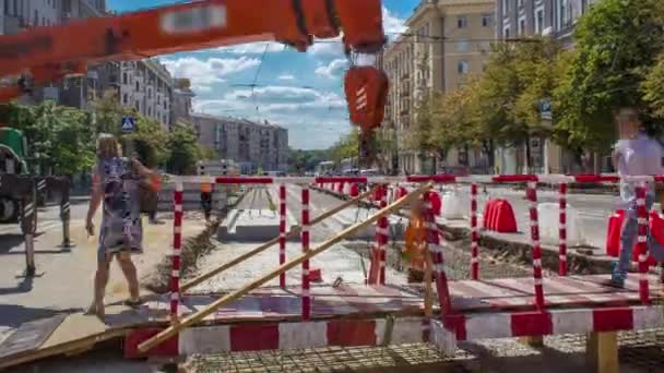 Orange Construction Telescopic Mobile Crane Moving Small Pedestrian Bridge Reinforcement — Vídeos de Stock